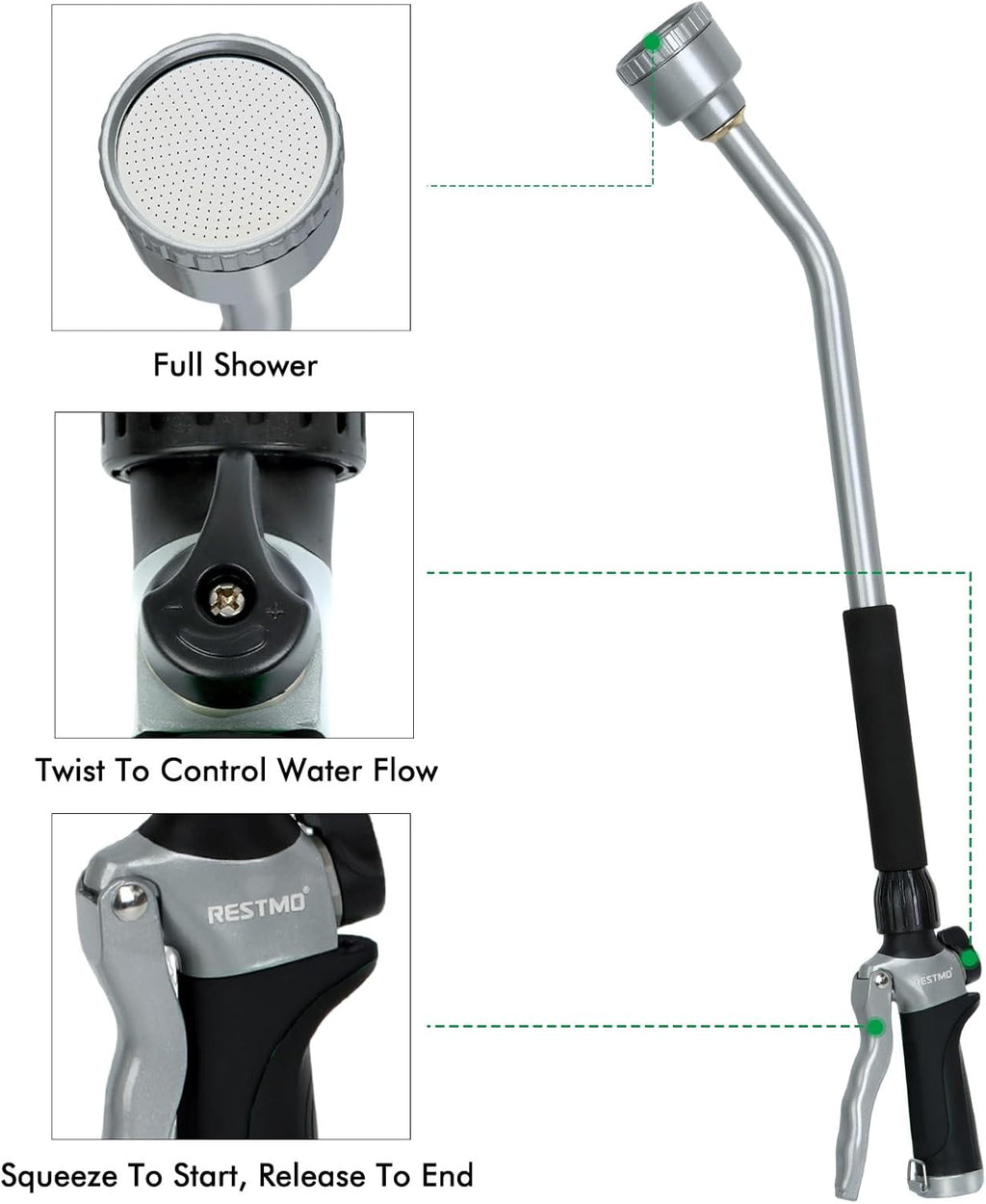 RESTMO Long Watering Wand, 24 Inches Gentle Soft Full Shower Sprayer Wand with Flow Control, Heavy Duty Metal Hose Wand for Hanging Baskets, Shrubs, Plants, Flowers, Garden and Lawn, Black