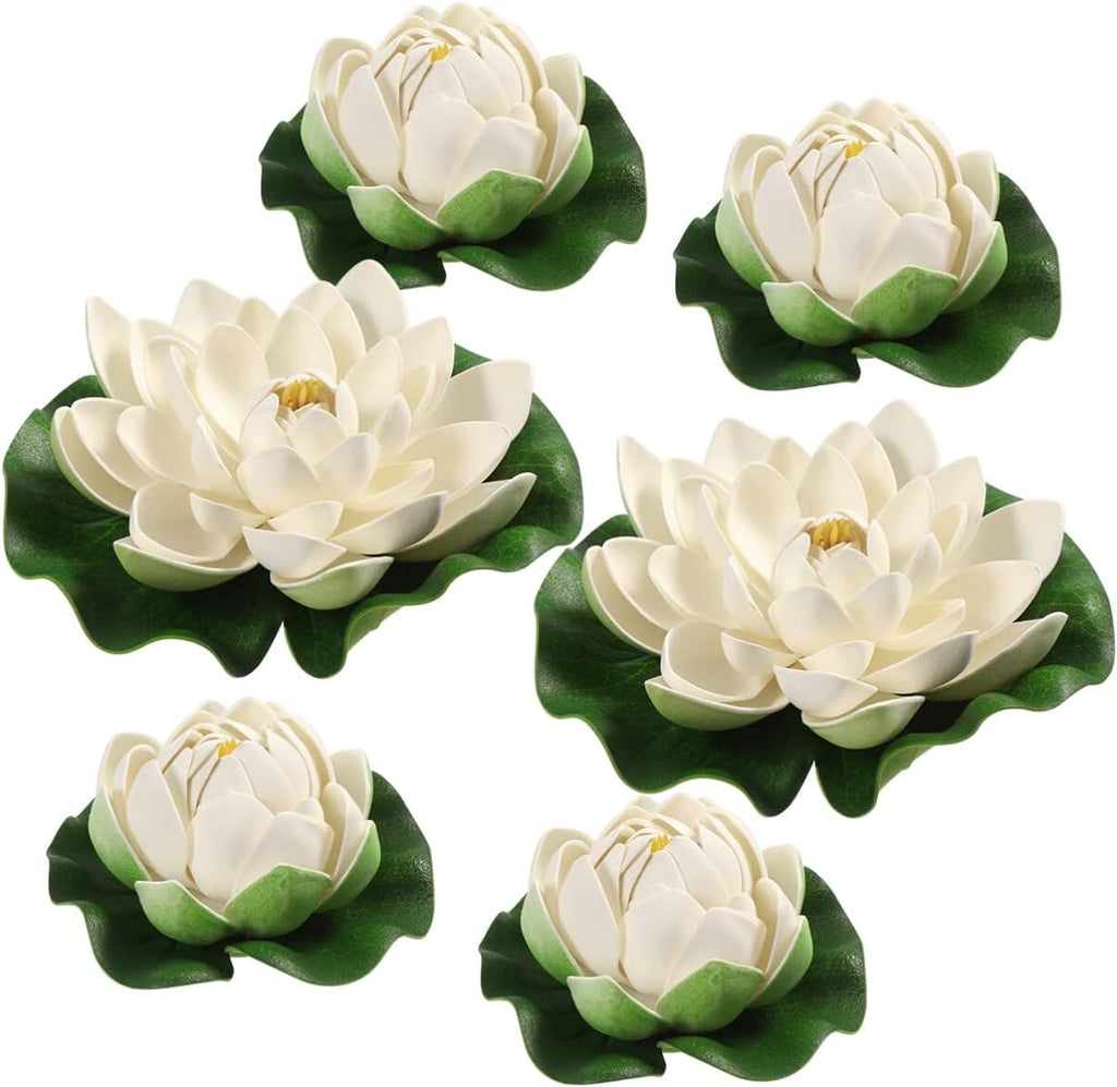 Ciieeo 6PCS Artificial Floating Lotus Flowers Realistic White Lotus & Water Lily Pads for Pool Patio Garden Aquarium Decor
