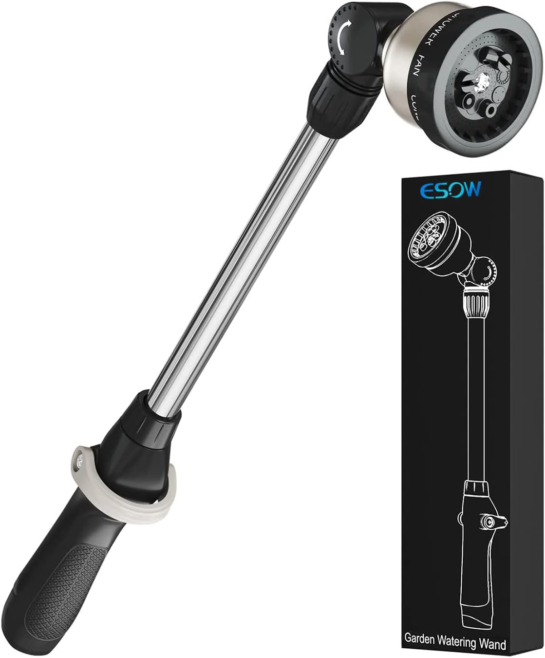 ESOW Garden Hose Wand 16 Inches, Watering Sprayer Wand with 9 Watering Patterns, 180° Adjustable Swivel Head, 100% Heavy Duty Metal Hose Nozzle, Thumb Control On Off Valve
