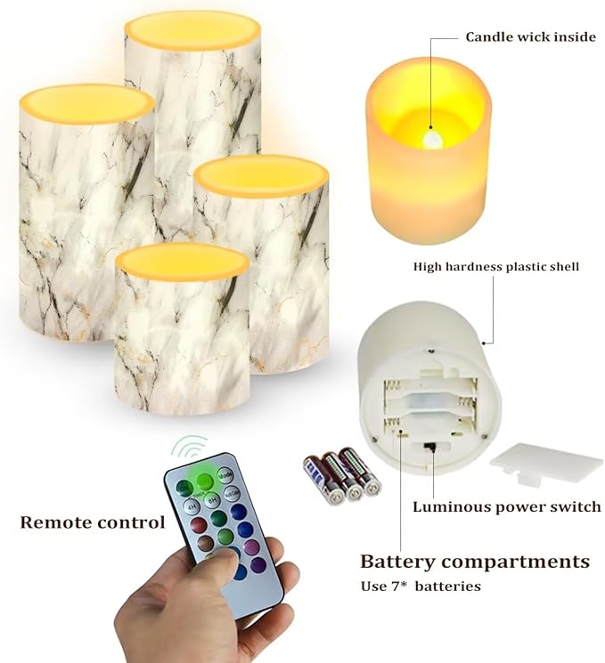 Flameless LED Battery Candles 4 PCS Pillar Candles with 18-Key Timer Remote Control Colorful Lights for Table Centerpiece Home Indoor Wedding Decoration, White Grey Marble