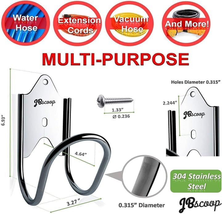 JBscoop Garden Hose Holder, Garden Hose Hanger Wall Mount for Water Hose, Extension Cords, Air Compressor Hose, Heavy Duty & Rust Proof Set of 1