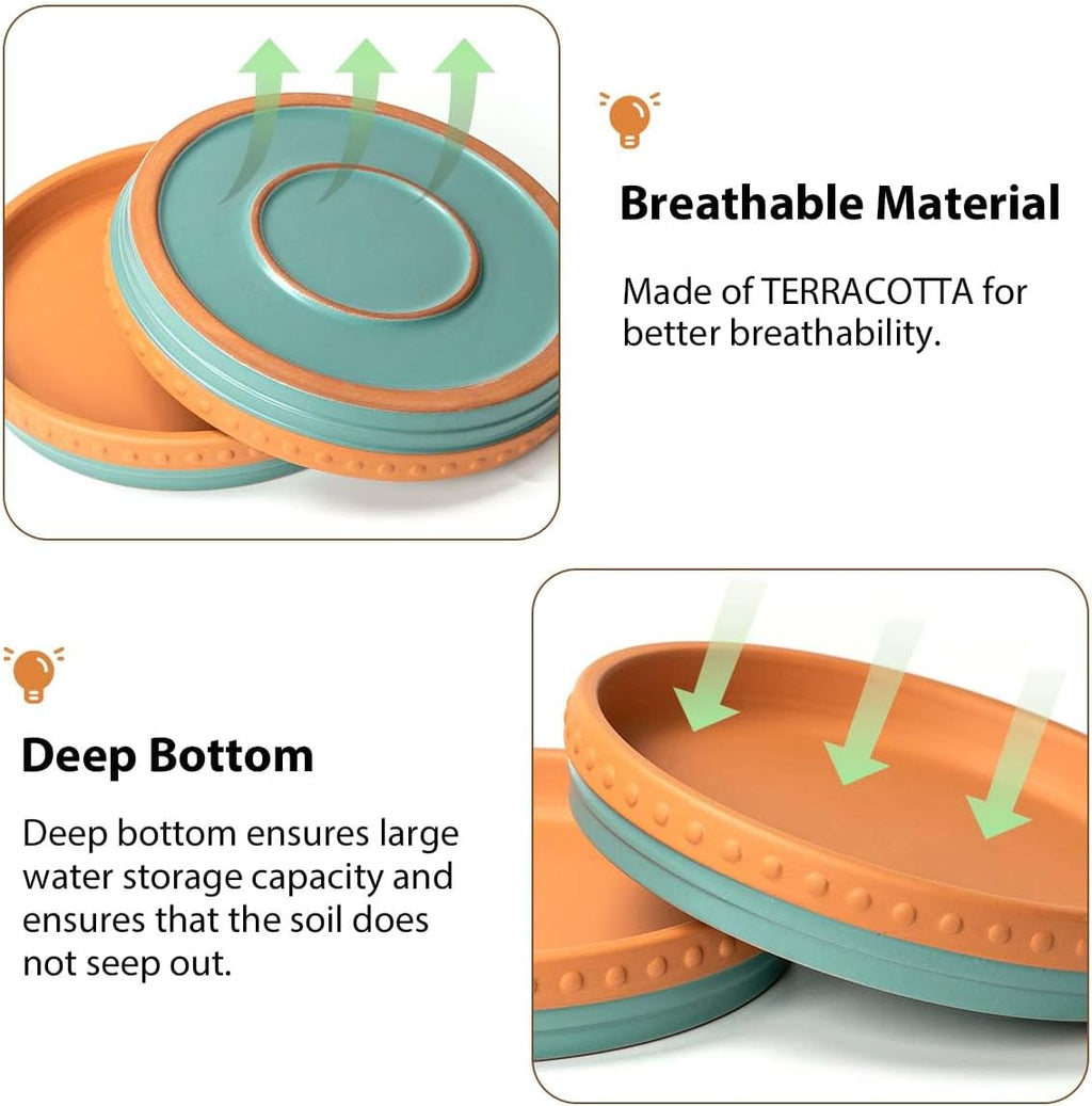 YBX 8-inch Plant Saucer Premium Terracotta Saucer Round Ceramic Plant Trays, Pack of 2 (Turquoise/Terracotta)