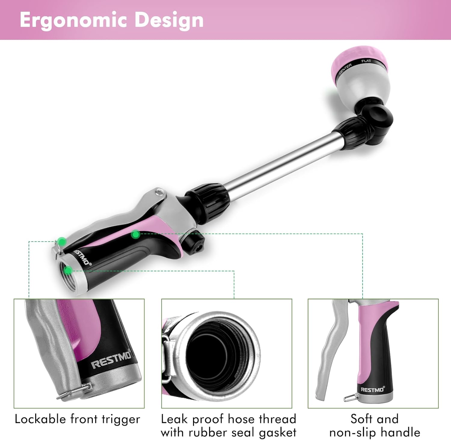 RESTMO Metal Watering Wand, Heavy Duty Garden Hose Wand with 180° Swivel Ratcheting Head, 16'' Hose Nozzle Sprayer with 7 Spray Patterns and Flow Control, for Water Hanging Baskets and Shrubs, Pink