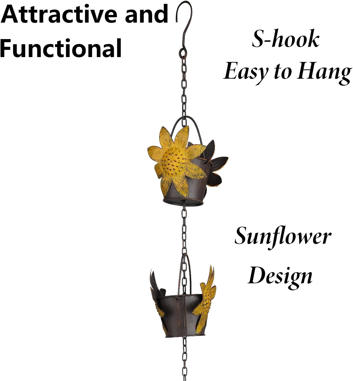 Rain Chains 8.5FT Metal Bucket Rain Chains for Gutters and Downspouts Vintage Rain Catcher Chain Sunflower Decorative Rain Chimes for Outside Rainwater Diverter Outdoor Decor for Garden Yard