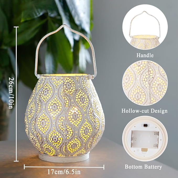 TRIROCKS Set of 2 Moroccan Decorative Lamps 8'' High Battery Powered Cordless Lamp Metal Table Lamps with Fairy Lights Bulb for Home Living Room Garden Yard Party Events Tabletop Indoor Outdoor(White)