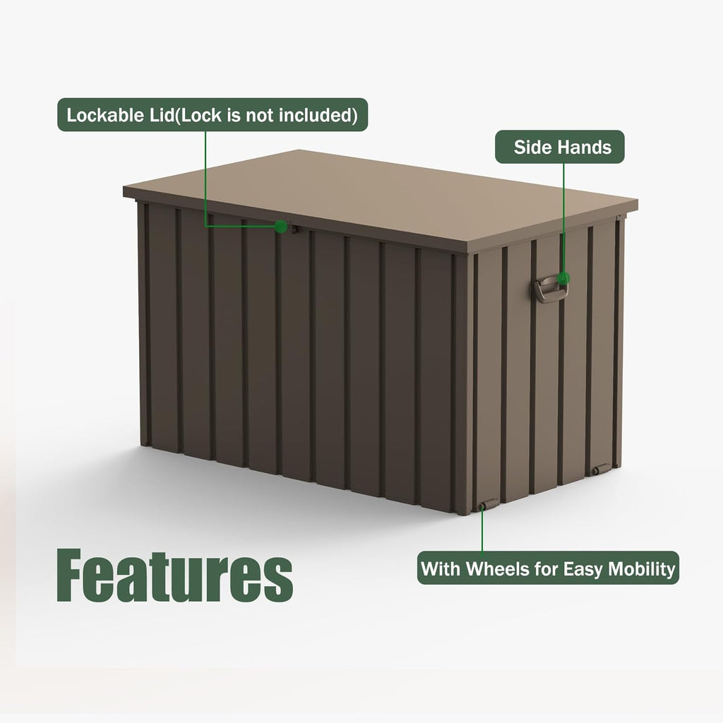 Domi Deck Box 150 Gallon, Waterproof Lockable Steel Outdoor Storage Container for Outside Cushions, Garden Tools and Pools Equipment, Brown