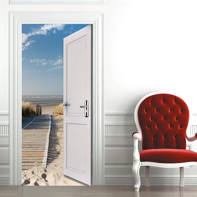 3D Door Wallpaper Self-Adhesive Door Poster - Beach Street - Door Film Photo Wallpaper Premium PVC Waterproof Door Sticker Wall Sticker for Bedroom Living Room Door Decoration Stickers 88 x 200 cm
