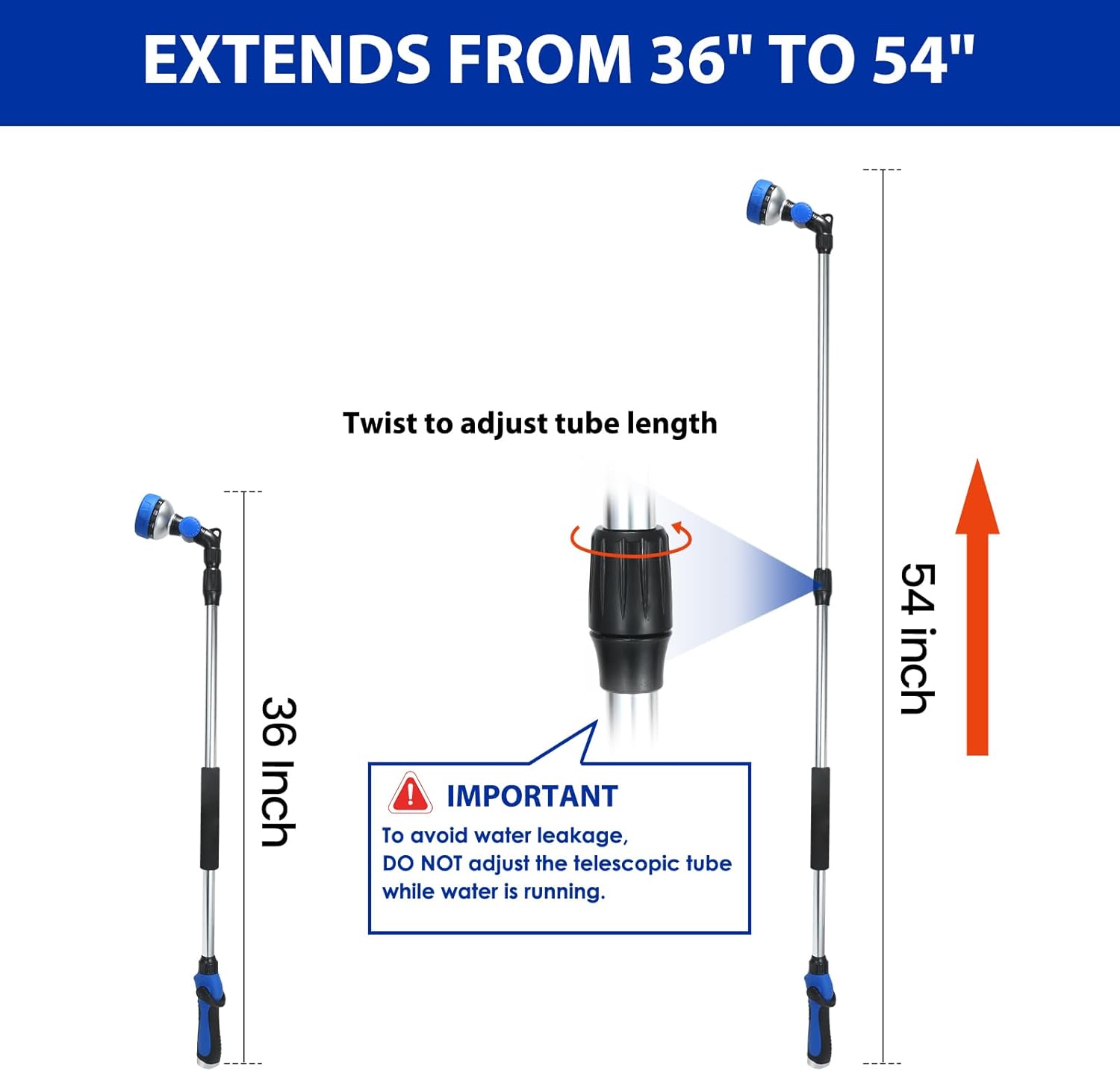 Telescoping Watering Wand for Garden Hose, 36”-54” Adjustable, 10 Spray Patterns, Heavy-Duty Hose Nozzle with Thumb Control & Pivoting Head, Ideal for Hanging Baskets and Shrubs, Blue