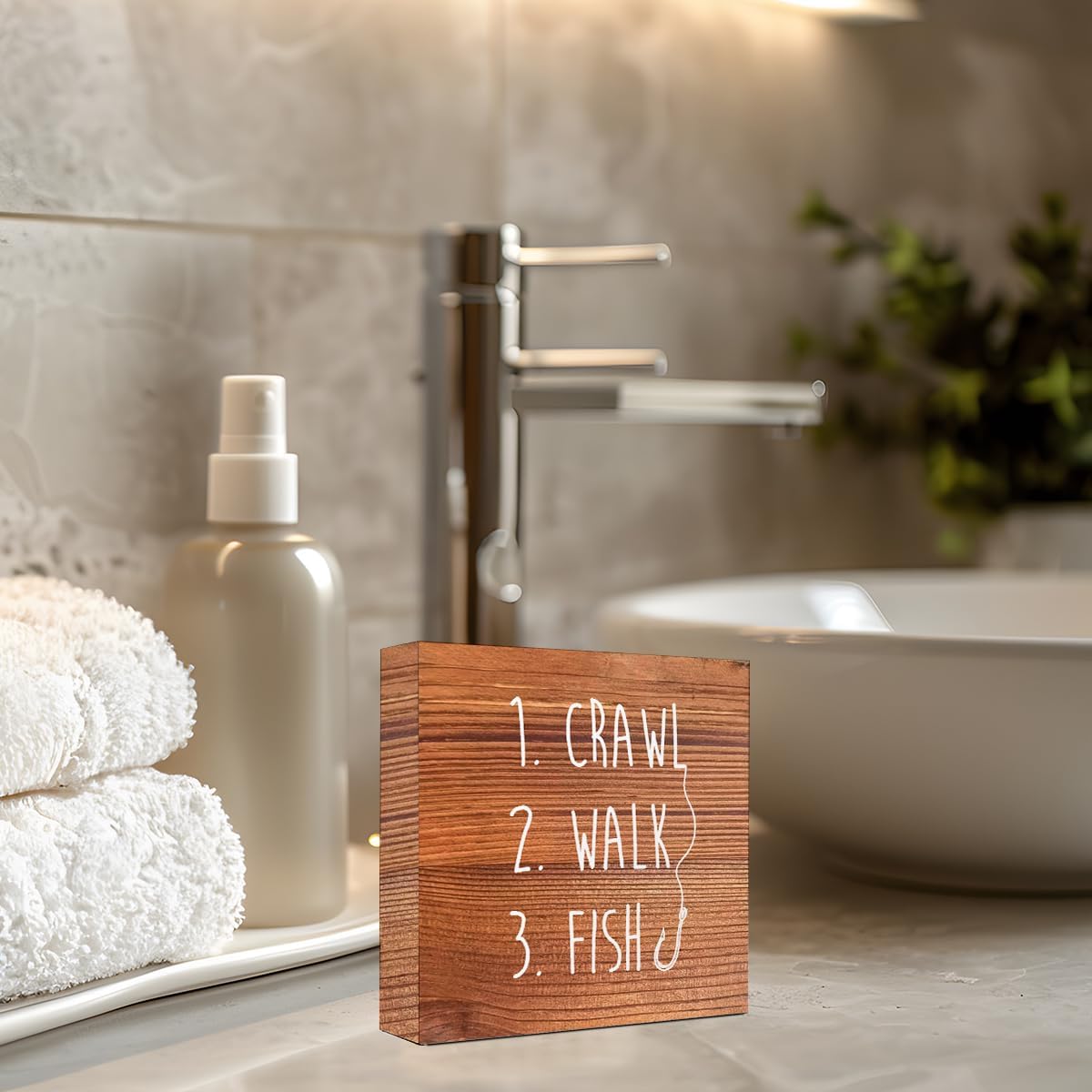 Brown Country Crawl Walk Fish Rustic Wooden Sign Desk Decor,Funny Baby Fishing Wood Block Sign Desk Decorations for Home Bedroom Baby Room Shelf Table Decor