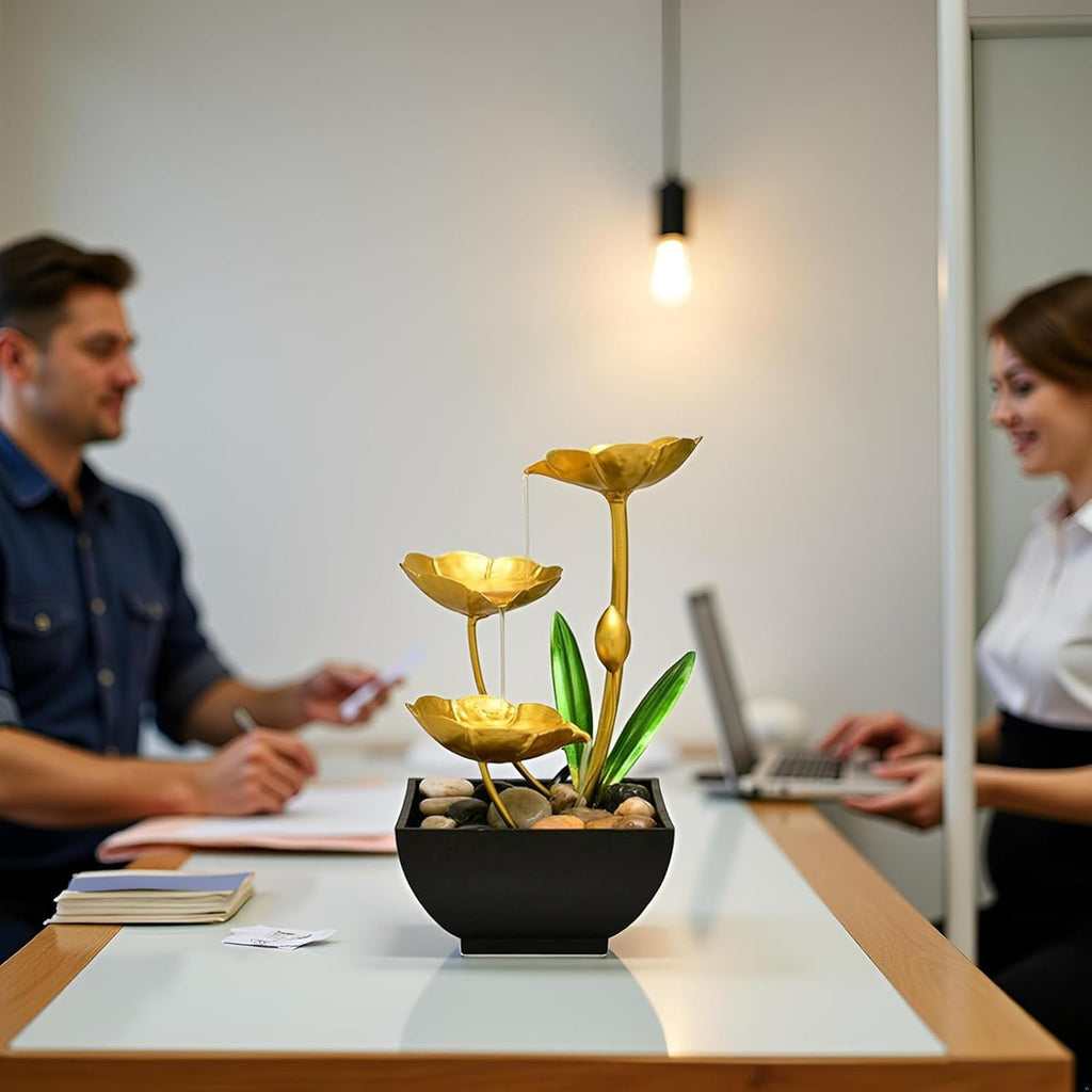 Gold Tabletop Water Fountain, Desktop Waterfall, Indoor Lotus Desktop Decorative Fountain, Home Bathroom Bedroom Decor.