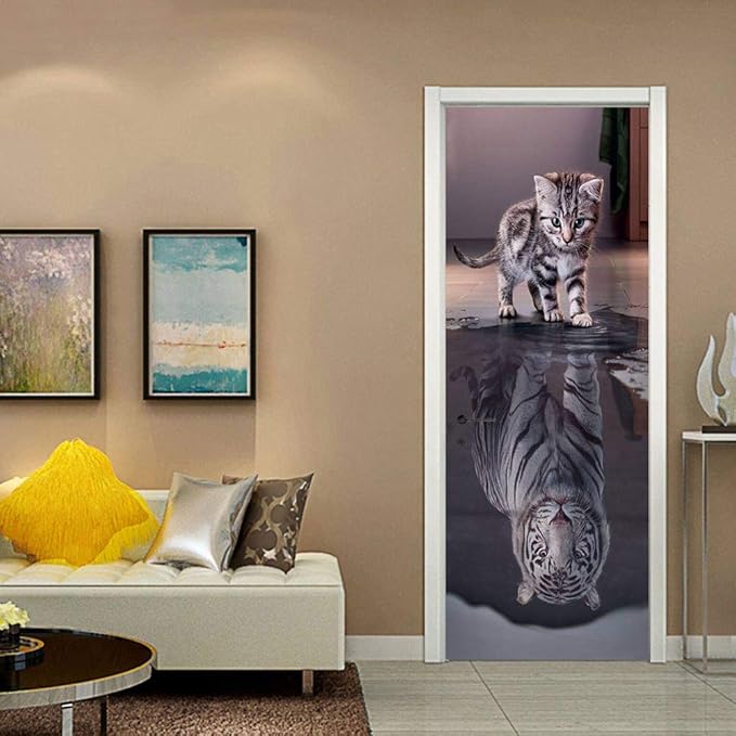 3D Door Stickers Murals Peel and Stick - Cat Becomes Tiger - Door Wallpaper Self-Adhesive Door Decals Removable PVC Waterproof Door Poster for Bedroom Living Room Door 37.4" x 84.6"