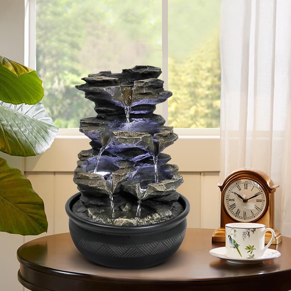 15.7” High Rock Falls Tabletop Water Fountain with LED Lights - Indoor 5-Tier Cascading Fountain for Home and Office Decor (Gray_3, 15.7" high)