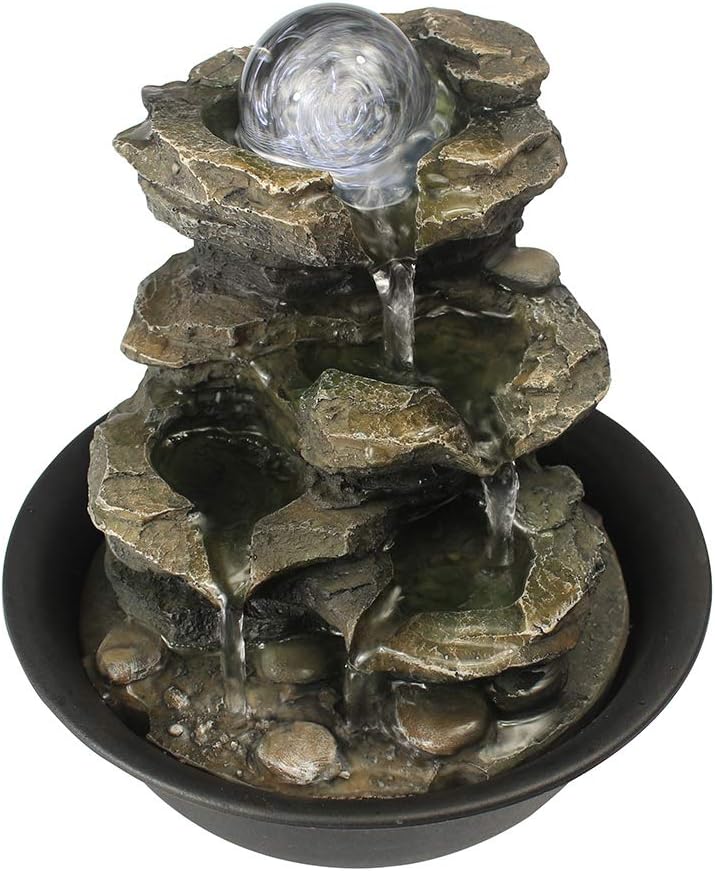 8.3" High 4-Tier Cascading Rock Falls Tabletop Water Fountain with LED Light & Spinning Ball - Indoor Small Waterfall Feature for Office, Home and Bedroom Desktop Decor Dark Grey