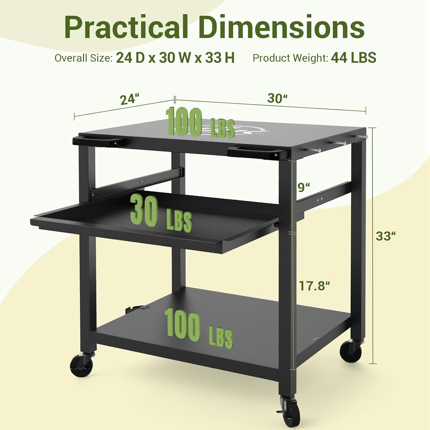 NUUK Outdoor Grill Prep Table 24"x30" Metal Grill Cart Outside 3-Layer Pizza Oven Table Movable with Universal Wheels for BBQ Backyard Patio