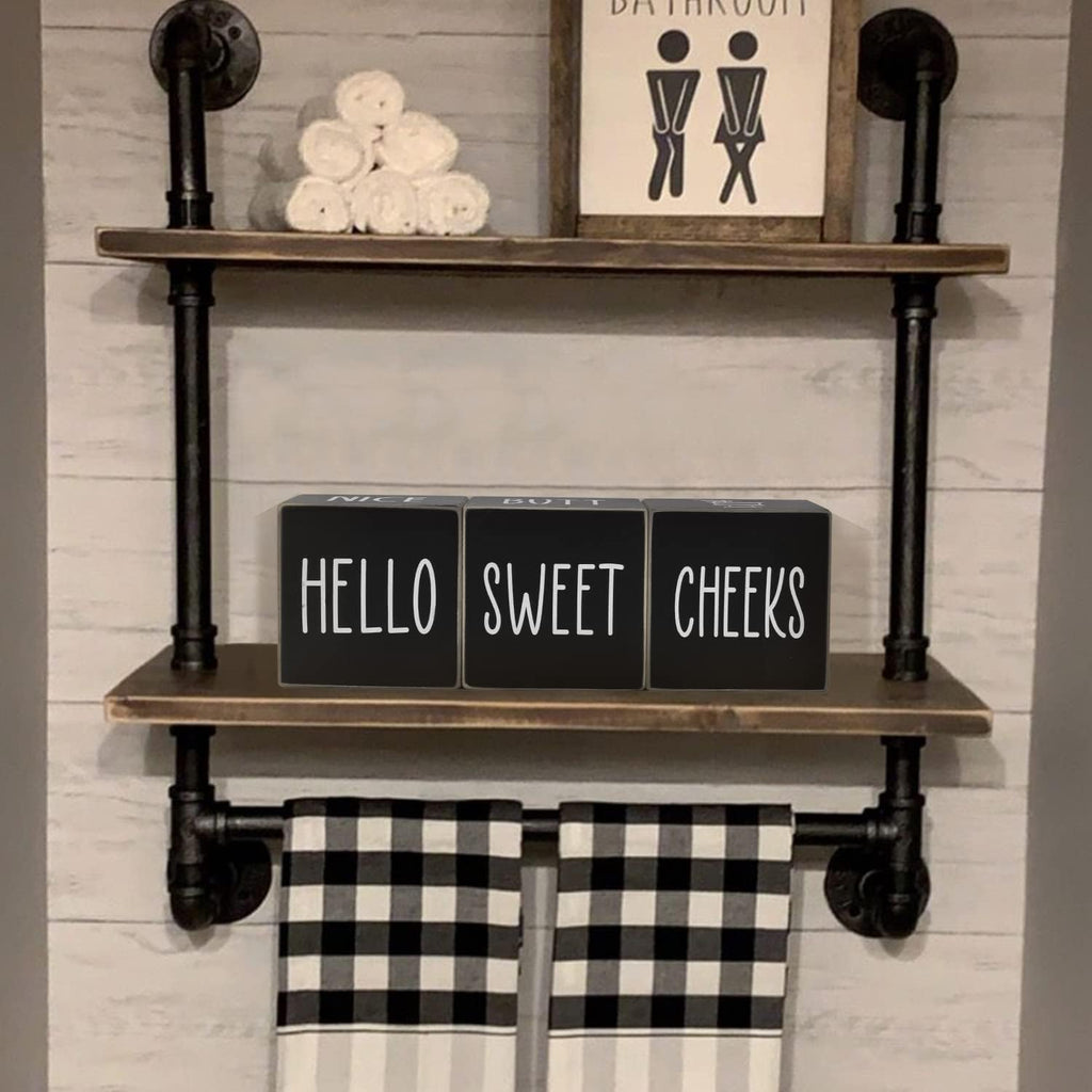 Farmhouse Black Bathroom Decor, 4-Sided Sign - Nice Butt&Get Naked&Hello Sweet Cheeks&Wash Your Hands Wooden Rustic Cute Funny Bathroom Decorations for Shelf Restroom, 2.8"