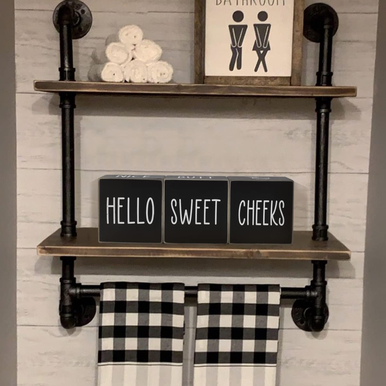 Farmhouse Black Bathroom Decor, 4-Sided Sign - Nice Butt&Get Naked&Hello Sweet Cheeks&Wash Your Hands Wooden Rustic Cute Funny Bathroom Decorations for Shelf Restroom, 2.8"