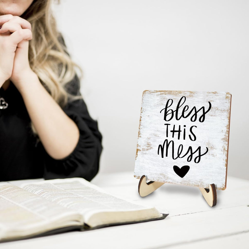 Inspirational Wood Sign Rustic Desk Decor Home Bathroom Office Decor Work Table Desk Accessories Decorative Christian Religious Bible Verse Faith Decorations Office Supplies for Desk Cubicle Decor