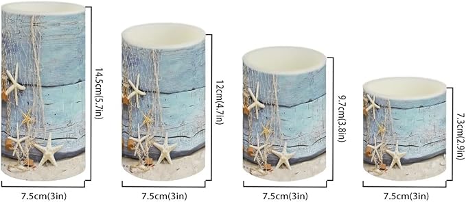 Flameless Candles 4 Pcs, Battery Powered with Timer Remote Control Color Changing Everlasting Pillar Candle Set Indoor Outdoor Coastal Decor, Beach Starfish with Blue Wood Grain