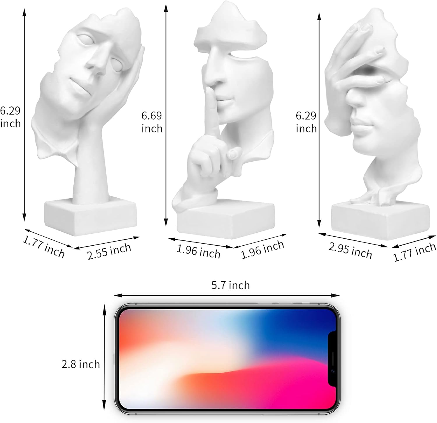 3 Pcs Thinker Statue, Silence is Gold Abstract Art Figurine, No Hear No See No Speak Modern Home Resin Sculptures Decorative Objects Decor for Home Office Bookshelf Desktop(White), A-41