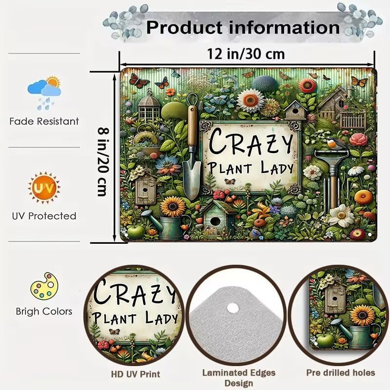 Bestylez Garden Gifts Vintage Gardening Signs Crazy Plant Lady Tin Sign for Home Garden Greenhouse Living Room Bedroom Yard Outdoor Decor 8X12 Inch (3359)