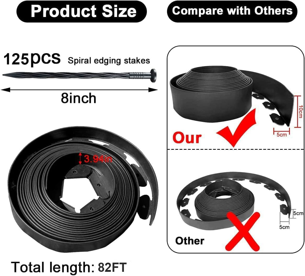 Landscape Edging 82FT,Garden Edging Borders Black [Extra Tall 4IN High] with 125pcs Plastic Stakes, Lawn Edging Flexible DIY Fence for Landscaping,Flower Bed,Grass,Gravel,Tree Surrounding