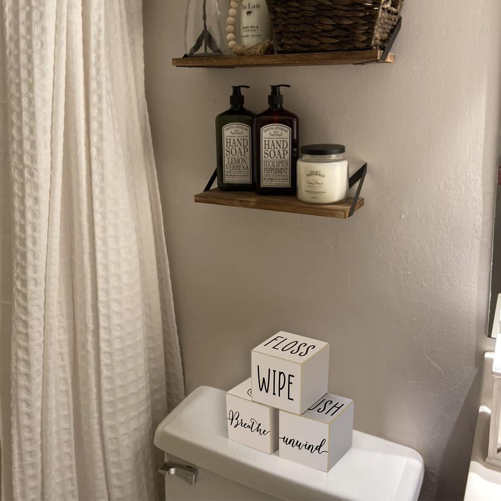 Farmhouse Funny Bathroom Decor, 4-Sided Wooden Blocks, Country Rustic Cute Bathroom Sign for Shelf, Black and White House Home Decorations Accents, 2.8