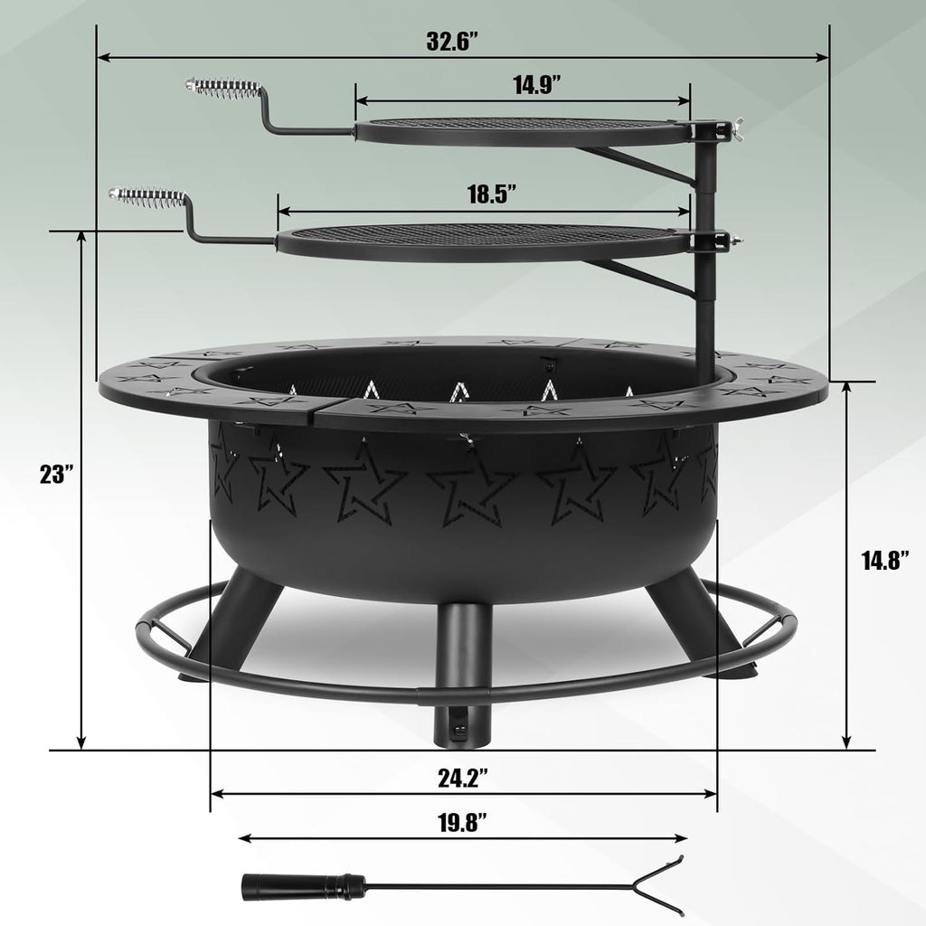 32.5" 3-in-1 Fire Pit Table with Dual Grills – Wood Burning Firepit for Outside Cooking, BBQ Grate & Round Patio Table – Includes Charcoal Pan, Log Rack,Poker & Lid for Backyard, Garden