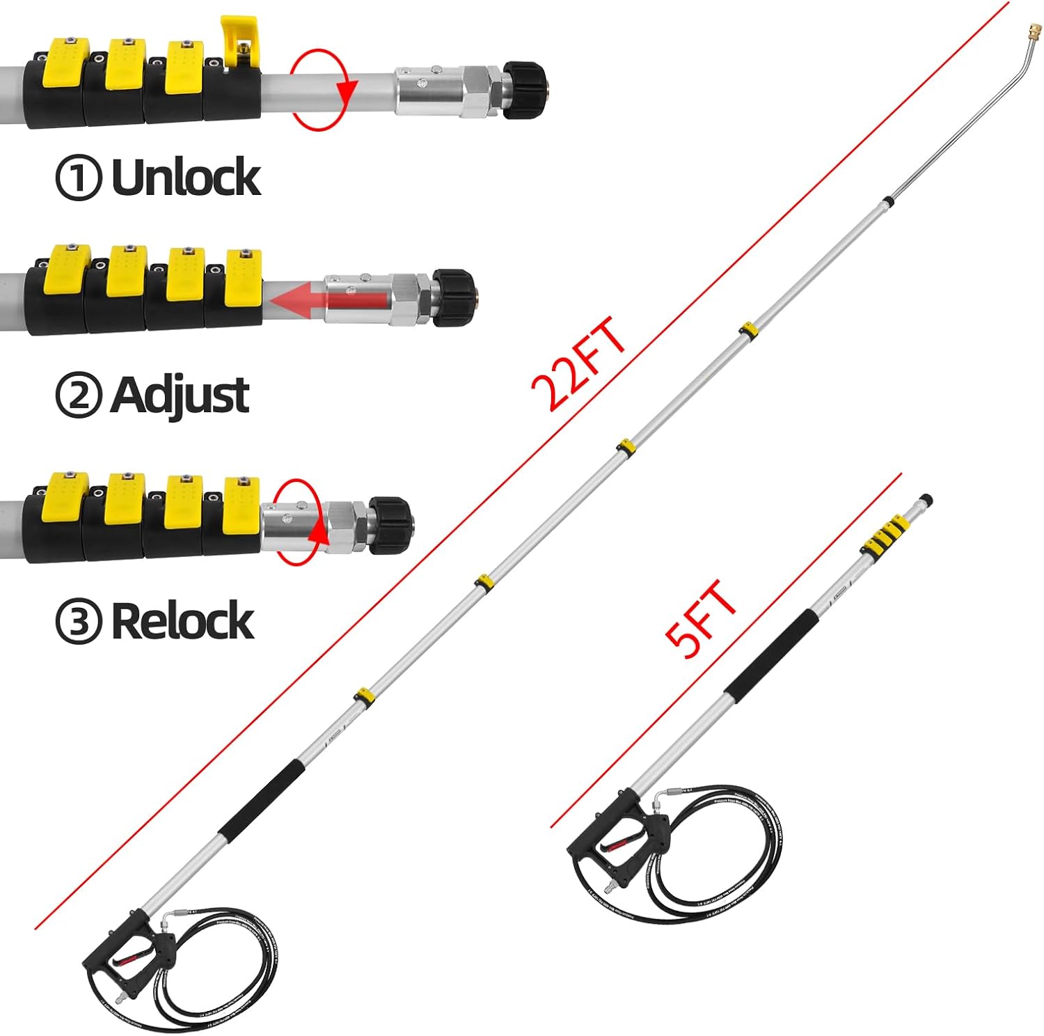 22 FT Telescoping Pressure Washer Wand with Power Washer Extension Wand, Gutter Cleaner Attachment, 5 Spray Nozzle Tips and 2 Hose Inlet Adapters