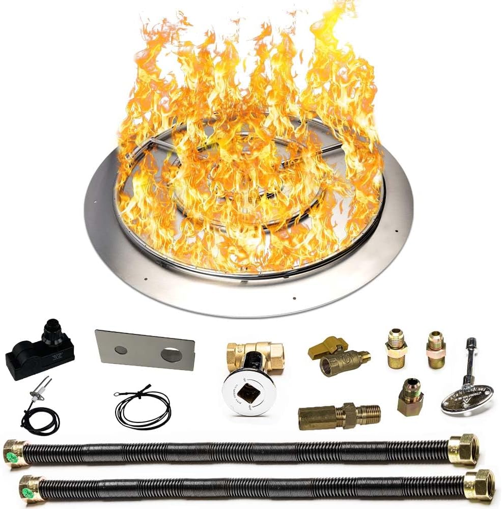 Stainless Steel Fire Pit Burner Pan & Ring Deluxe Kit for Liquid Propane, 36-Inch Pan, 30-Inch Ring, 250,000 BTU Max