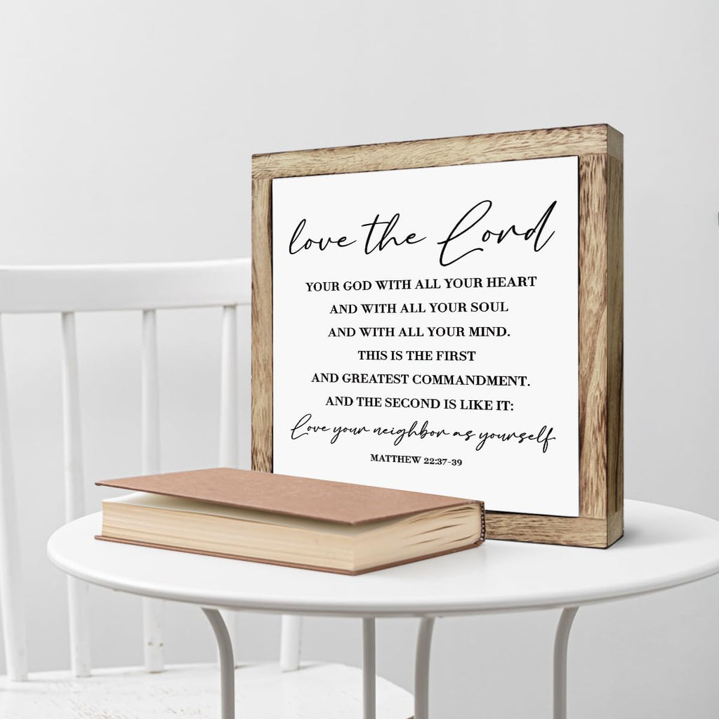 Scripture Sign - Matthew 22:37-39, Love Your Lord - Wooden Plaque, Farmhouse Table Decor, Christian Gift