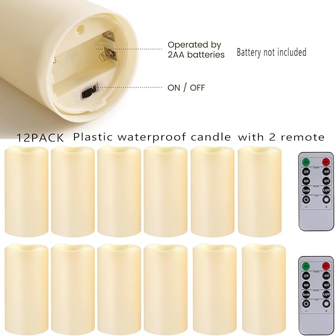 12PACK Waterproof Flameless Candles with Remote Control Candle, Battery Operated Flickering LED Pillar Candle Plastic,Large Size(D3 x H5.5) for Outdoor/Indoor Decoration Wedding, Party, Birthday
