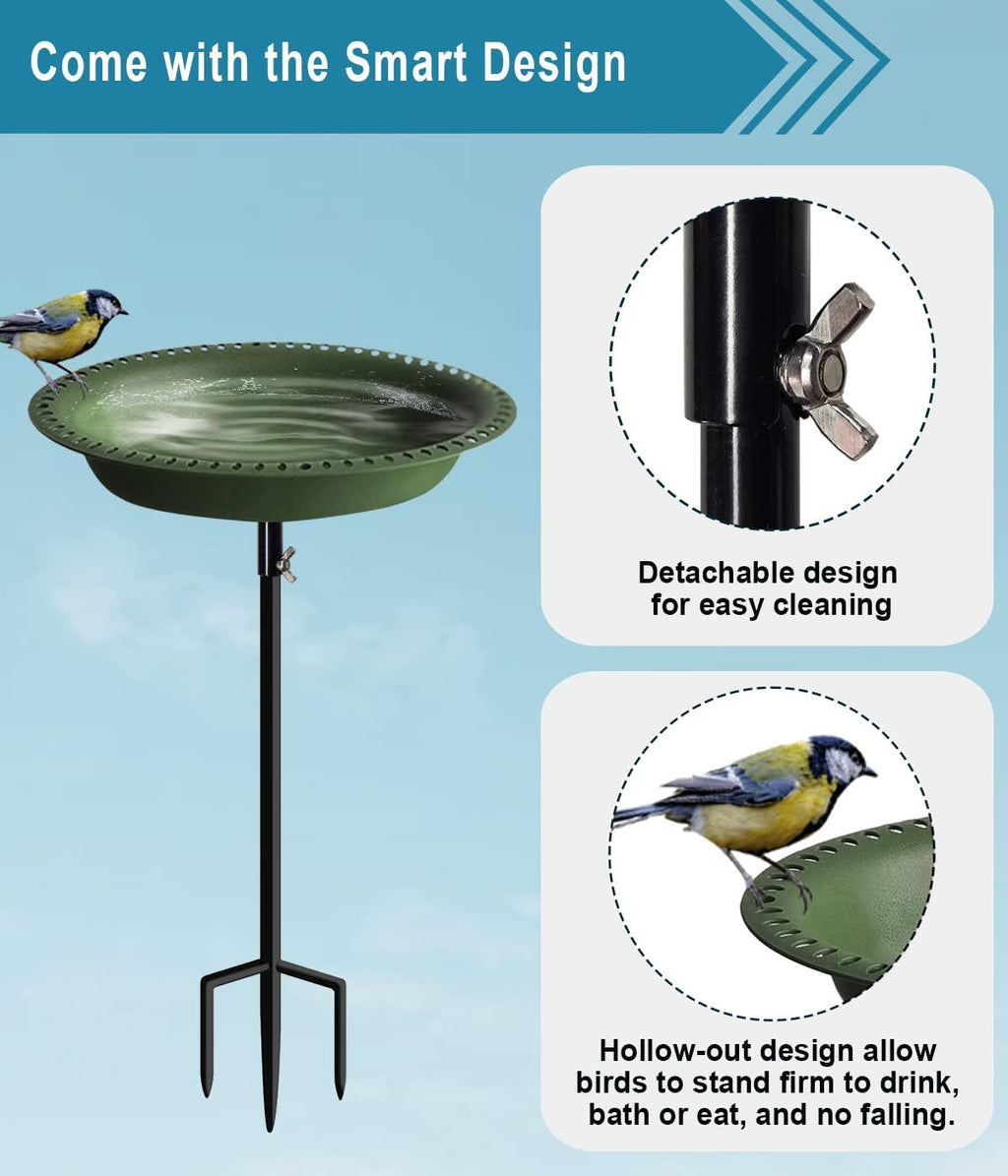 Koutemie 1-¼ Gallon Detachable Freestanding Garden Bird Bath Bird Feeder Bowl with Metal Stake for Outdoor, Deep Green, 29 Inch