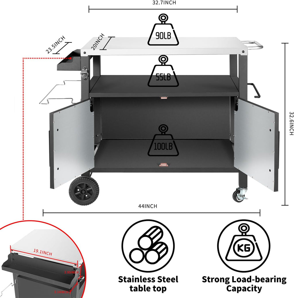 Dining Cart Table with Big Storage Cabinet, Movable Outdoor BBQ Grill Table Pizza Oven Stand, Kitchen Cart Island Multifunctional Food Prep for Inside and Outside