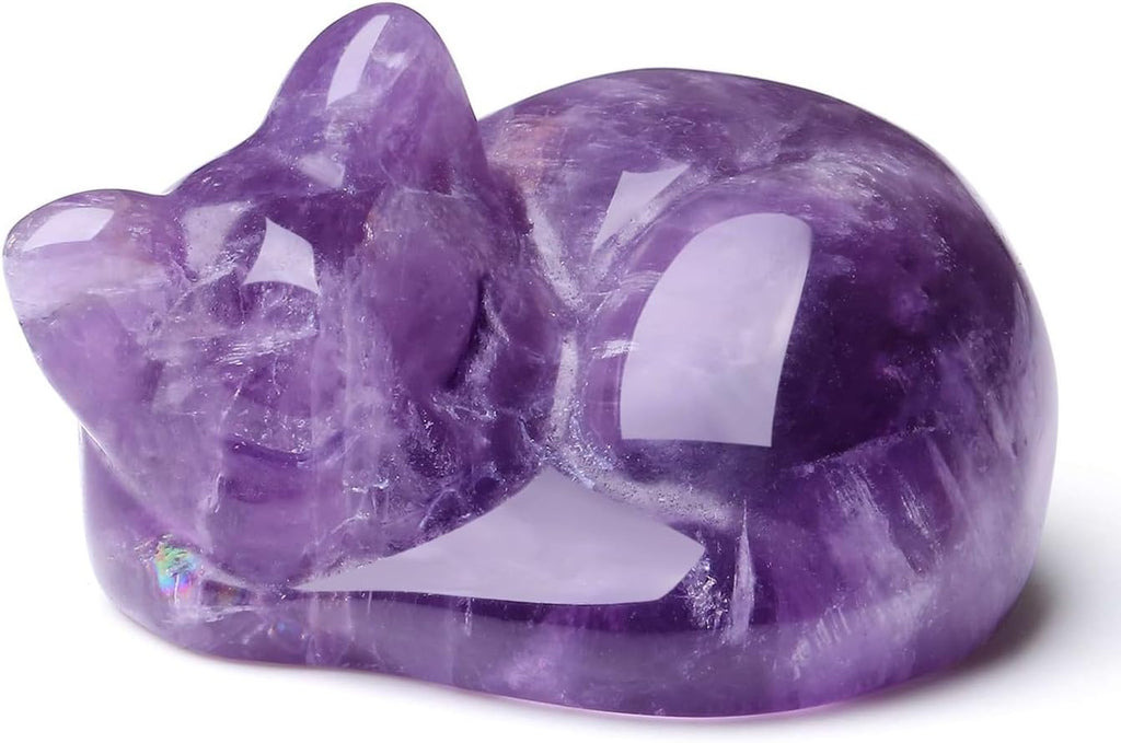 LAIDANLA Amethyst Cat Healing Crystals Figurine Sleeping Cat Hand Carved Cute Statue Polished Stone Sculpture Reiki Office Room Bedroom Desk Home Decoration Gifts 1.6"