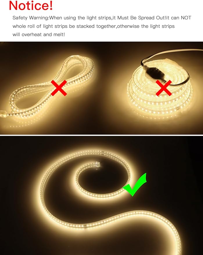 AIMENGTE Plug in LED Strip Lights for House, Led Lighting for Garden Yard Lawn Under Cabinet Patio Wardrobe Backyard, AC 110V, 240LEDs, 3000k LED Rope Lights (6.6ft, Warm White)