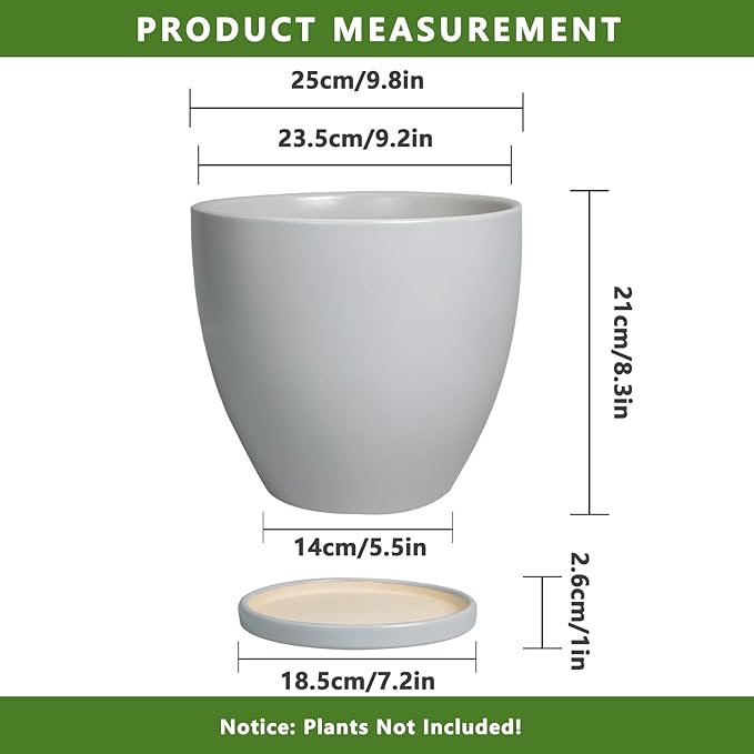 10 Inch Planter - Ceramic Pots for Plants, Planters with Drainage Hole and Tray, Modern Flower Pots Indoor, Home Living Room Patio Porch Garden Office Decor, Gray