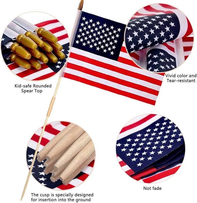 100 Pcs 12x18 Inch American Flags on Stick, American Flags, USA Stick Flag with Handheld and Grounded Multi-Purpose Flagpole, Design for Memorial Day, 4th of July, Veterans Day