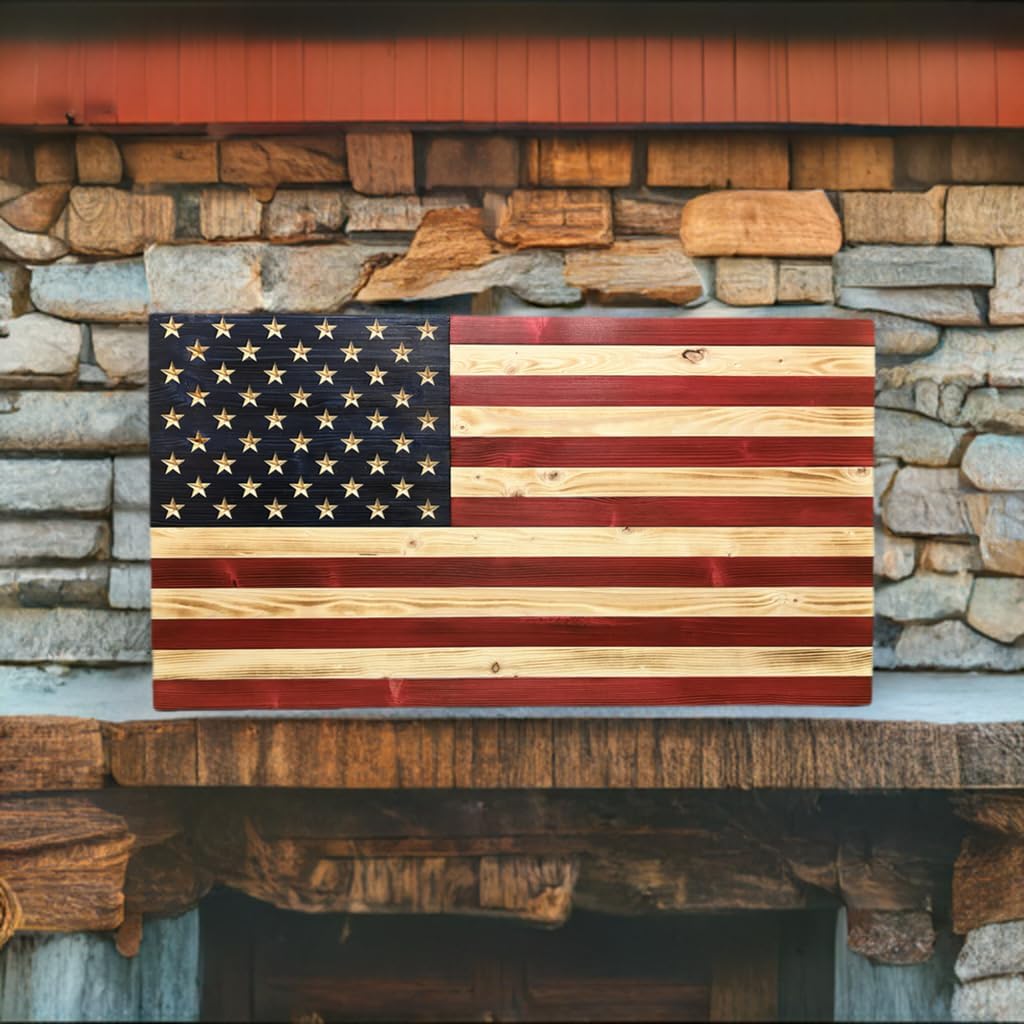 Rustic Wooden American Flag, Patriotic Wall Art (Weather Protected Finish, 13x25)