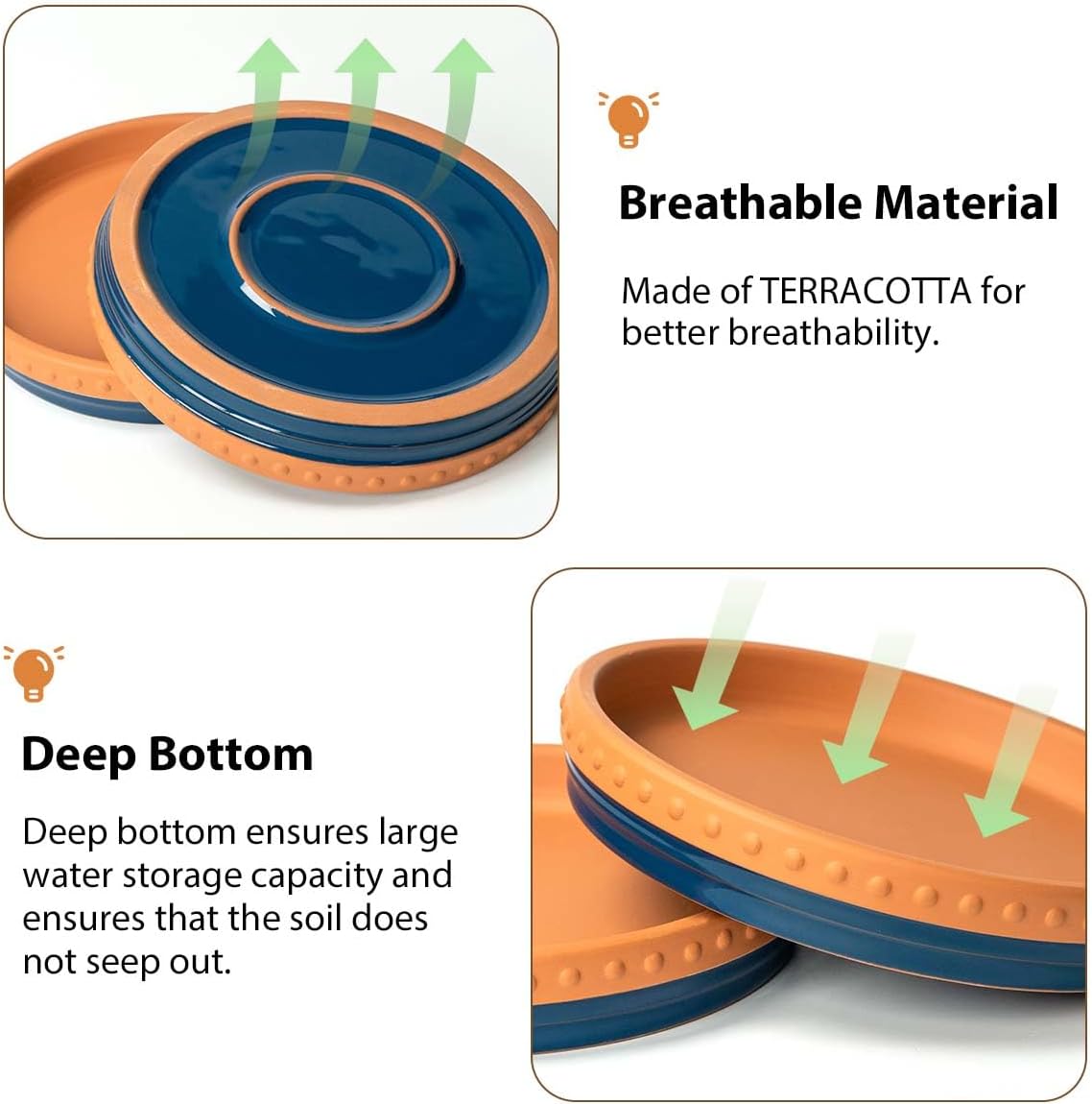 YBX 8-inch Plant Saucer Premium Terracotta Saucer Round Ceramic Plant Trays, Pack of 2 (Navy/Terracotta)