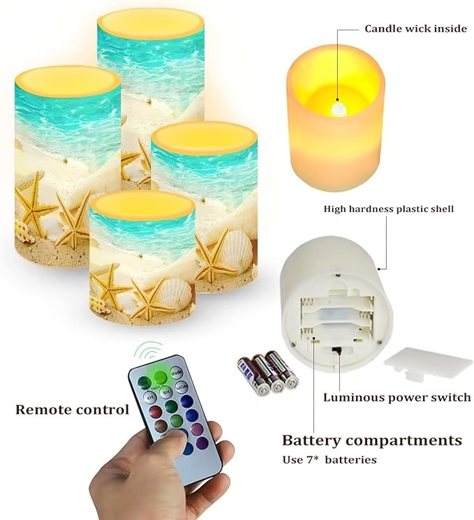 Beach Starfish Seashell Flameless Light Candles Battery Powered with Timer Remote Color Chaging Pillar Fake Candles Pack of 4 for Wedding Home Outdoor Decor