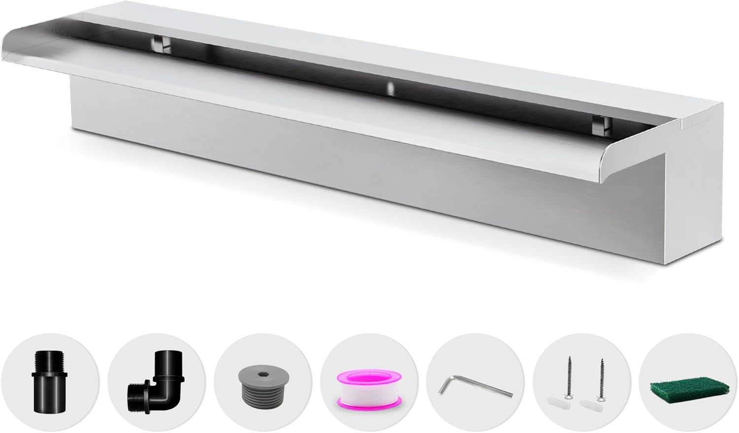 Waterfall Pool Fountain LONGRUNNEW 304 Stainless Steel 23.6" Rectangular Waterfall Spillway, Water Fall Fountain with Pipe Connector for Garden Outdoor, Swimming Pools, Fountains, Pond and Spa