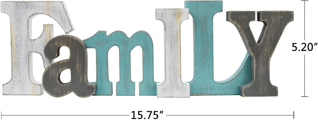 E-view Wooden Letters Sign Decorative Wood Block Signs Freestanding Word Cutout Distressed Teal Sign for Shelf Table Mantle Hanging Ornament Rustic Home Decor (Family)
