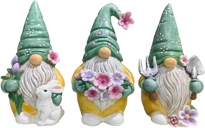 Garden Guardians Set of Three 6" Gardening Gnome Figurines, Floral Green and Yellow Statue Decor