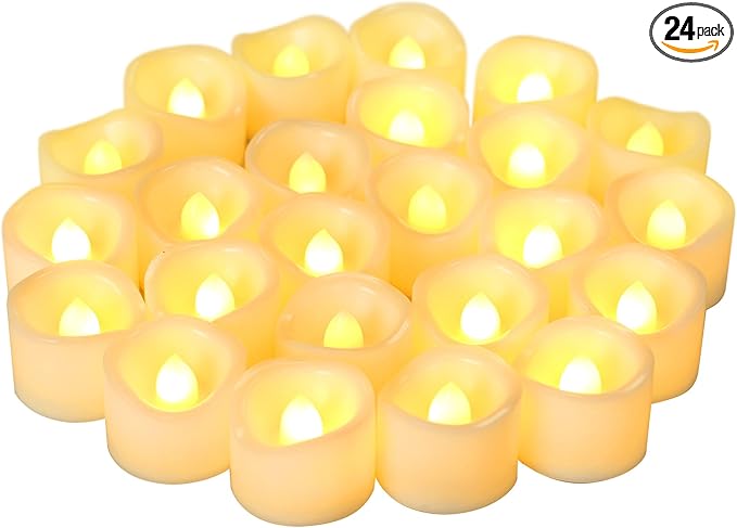 CANDLE CHOICE Battery Operated Flameless Tea Lights Realistic Flickering Long Lasting LED Votive Tealight Candles for Halloween Thanksgiving Christmas Wedding Decorations Battery Included 24 Pack