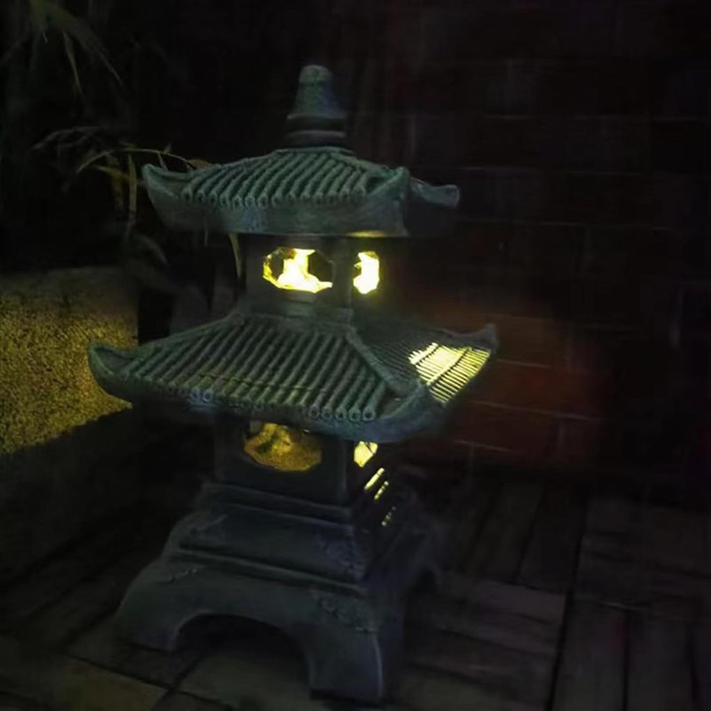 Outdoor Solar Pagoda Lantern,2 Tier Pagoda Lantern Garden Statue,Zen Garden Lantern Pagoda,Pagoda Lantern Japanese Style. for Zen Lawn Garden Decoration and Christmas Ornament (Solar Lights)