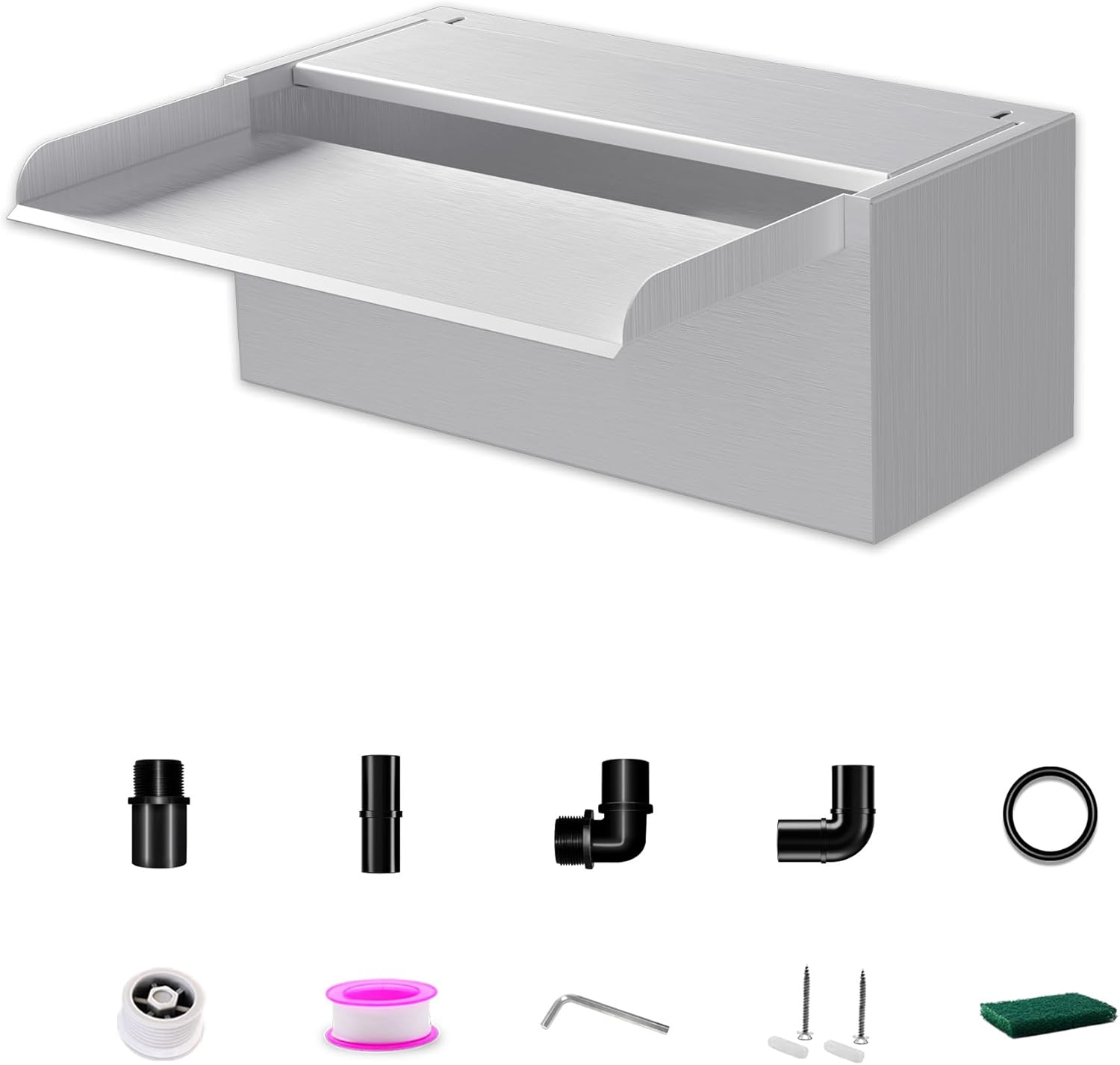 Pond Waterfall Spillway LONGRUNNEW 304 Stainless Steel 11.8" Rectangular Waterfall Spillway, Water Fall Fountain with Pipe Connector for Garden Outdoor, Swimming Pools, Fountains, Pond and Spa