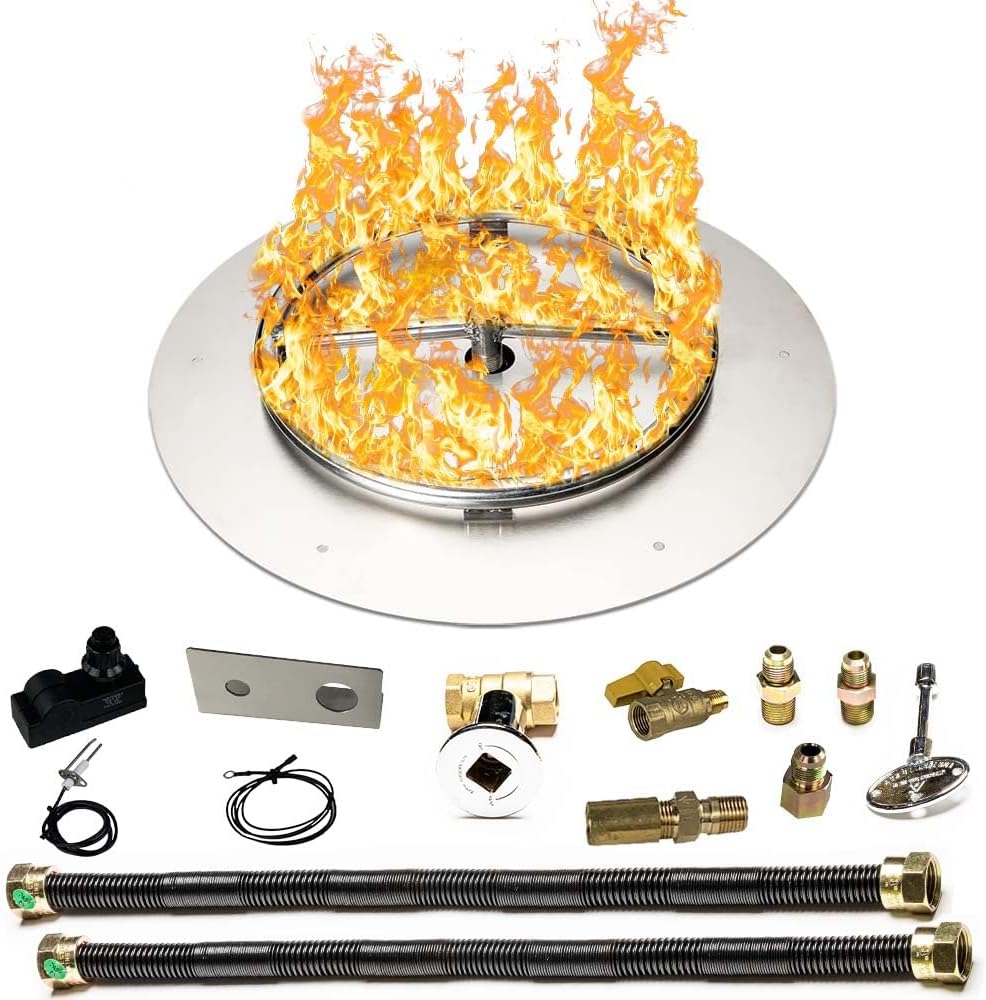 Stainless Steel Fire Pit Burner Pan & Ring Deluxe Kit for Liquid Propane, 18-Inch Pan, 12-Inch Ring, 90,000 BTU Max