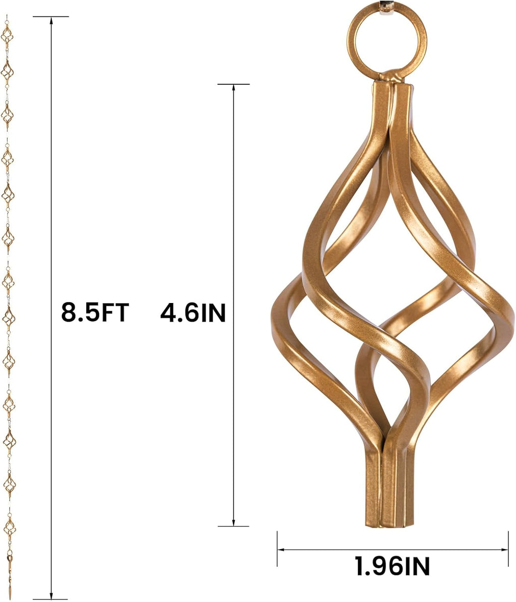 Rain Chain Bird Cage Set 8.5Ft, Not Rust Wrought Iron Rain Chains for Gutters with Adapter Gotta Drain and Rain Sturdy Anchoring Stake,13 Birdcage, 1 Hook, Adjustable Length for Garden (Gold)