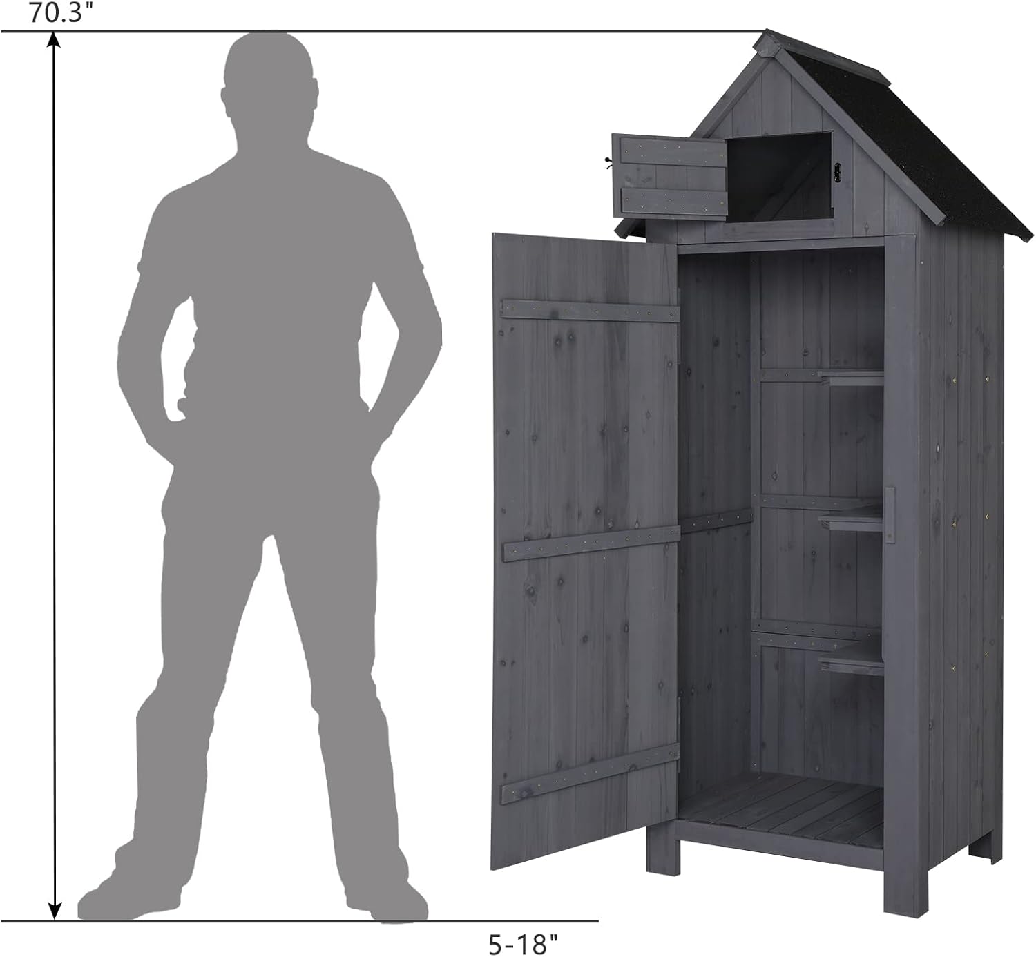 Outvita Outdoor Storage Shed, 70 Inch Wooden Garden Storage Cabinet, Waterproof Tool Storage Cabinet with Lockable Door, Wooden Garden Shed Outdoor Shed for Garden Backyard Lawn(Grey)