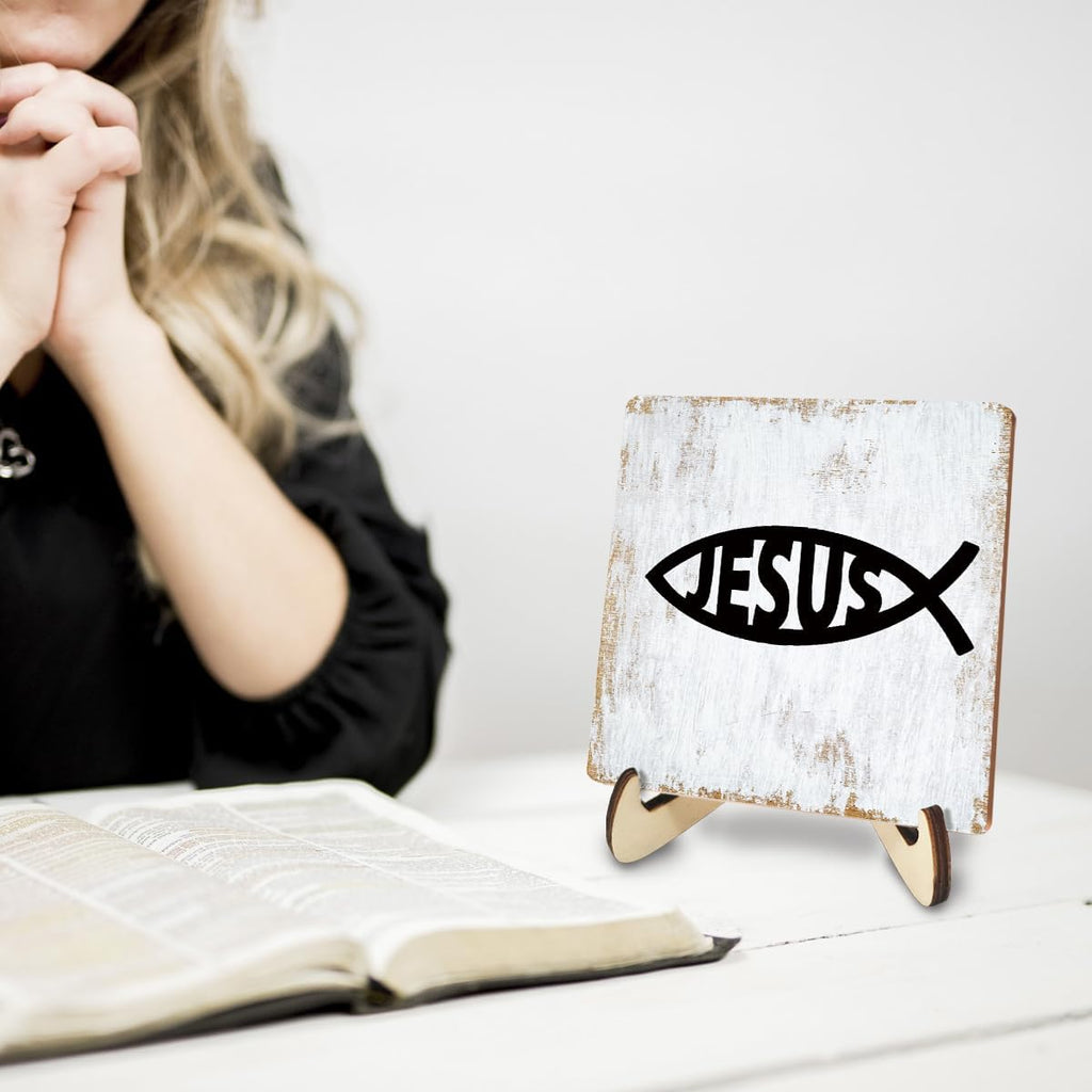 Inspirational Wood Sign Rustic Desk Decor Home Bedroom Office Decor Work Table Desk Accessories Decorative Christian Religious Bible Verse Faith Decorations Office Supplies for Desk Cubicle Decor